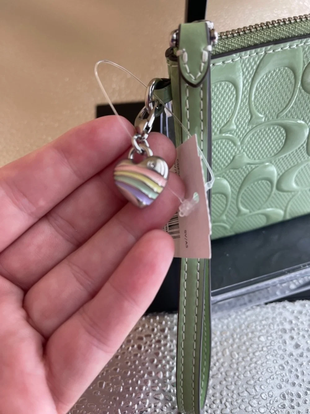 Coach Seafoam Green Embossed C Wristlet New with limited Charm - Picture 4 of 8